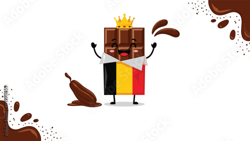 Happy chocolate bar character with a crown and Belgian flag wrapper representing famous national sweets and treats.