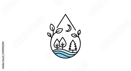 Environmental Water Drop Line Art Icons with Nature and Marine Elements