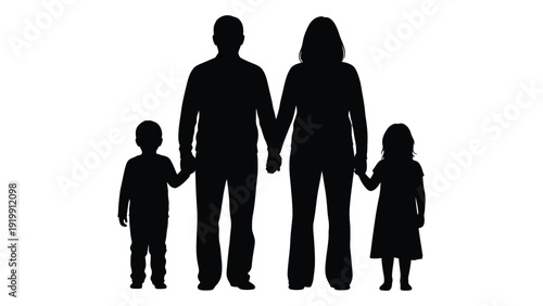 Silhouette of a family of four holding hands together in unity isolated on white background, Vector