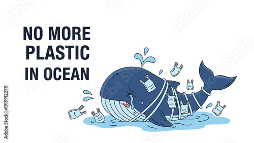 Sad crying blue whale entangled in plastic bags in the ocean for environmental protection and pollution awareness.