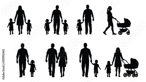 Diverse group of people walking, including families and individuals with strollers. isolated on white background, Vector