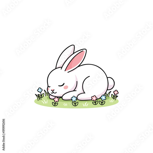 A cute cartoon white rabbit sleeps peacefully on green grass surrounded by colorful flowers in a serene and idyllic scene.