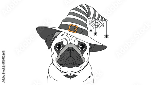 Adorable pug dog head wearing a striped witch hat with hanging spiders and a bat collar for halloween holiday celebration.