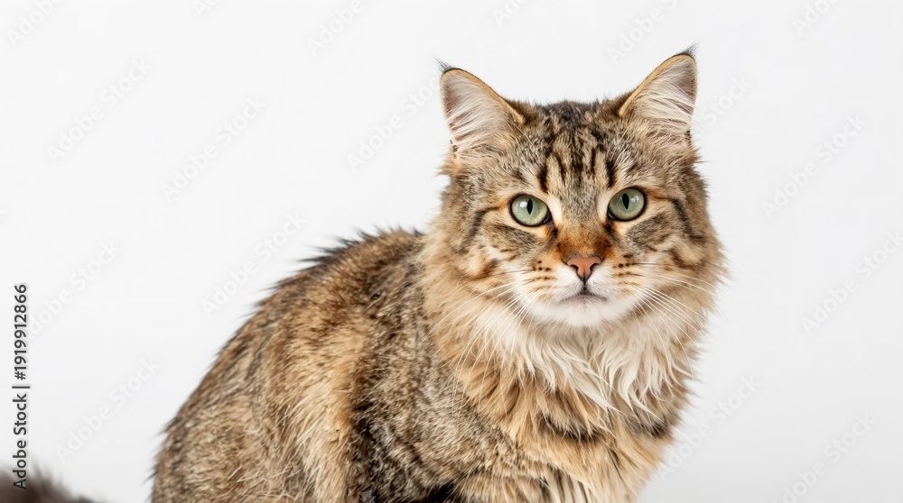 Obraz premium A beautiful tabby cat with green eyes sitting against a white background