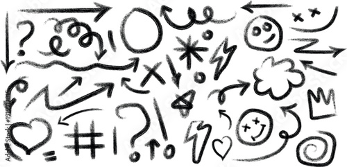 A collection of hand drawn emoticon symbols and punctuation marks