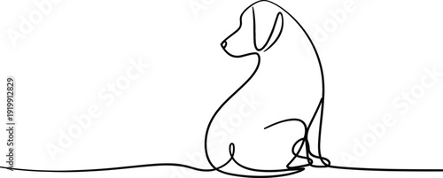 Black continuous line of a dog sitting and looking to the side on a white background