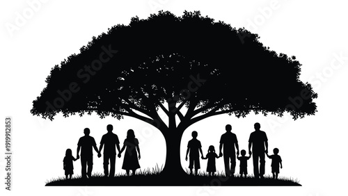 A diverse group of people standing together under a large, sprawling tree. isolated on white background, Vector
