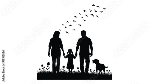 Silhouette of a family with a dog and birds flying overhead in a field isolated on white background, Vector