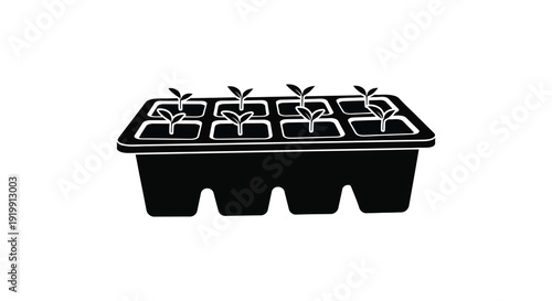 A simple black and white illustration depicts a plastic seed starting tray with six individual plant cells