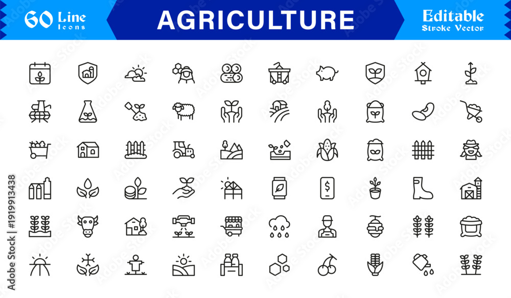 Fototapeta premium Agriculture Line Icon Set – Professional Modern Farming Symbols, Minimal Outline Vector Icons, Pixel Perfect Editable Collection