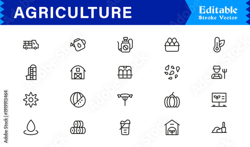 Agriculture Line Icon Set – Professional Modern Farming Symbols, Minimal Outline Vector Icons, Pixel Perfect Editable Collection