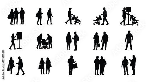 A collection of black silhouettes depicting various human activities and interactions isolated on white background, Vector