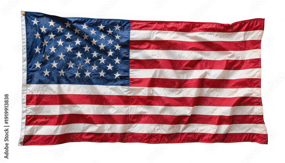Obraz premium Waving and slightly weathered united states flag featuring fifty white stars on a blue field and alternating red and white stripes depicted against a dark background