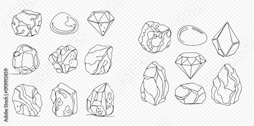 Set of various hand-drawn outline stones, rocks, and diamond gems on a transparent background.