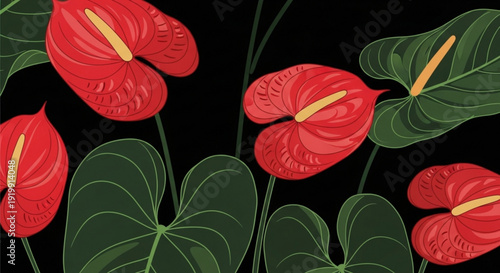 Vibrant red anthurium flowers with yellow spadices and dark green leaves on black background floral pattern