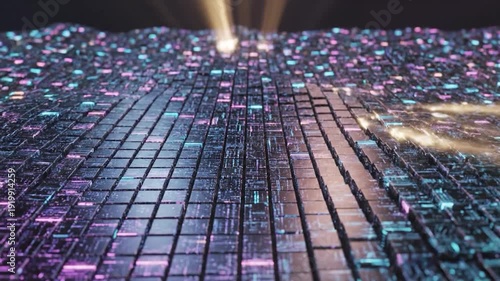 Abstract digital landscape with glowing cubes and light rays creating