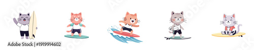 Surfing Cats action poses summer beach flat vector cute animal surfer collection