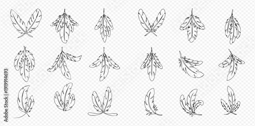 Set of hand-drawn feather illustrations, various styles and arrangements, black and white outline art.