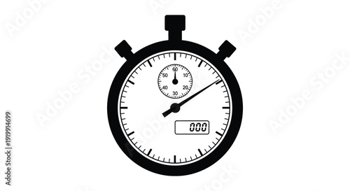 A stark black silhouette of a classic stopwatch displays a time reading of approximately twelve seconds high quality