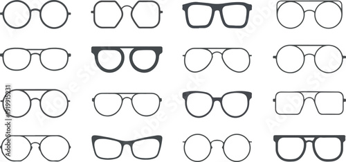 Eyeglasses and Sunglasses Icon Set – Optical Frame Silhouette Collection, Fashion Spectacles Shapes Isolated Vector Illustration.