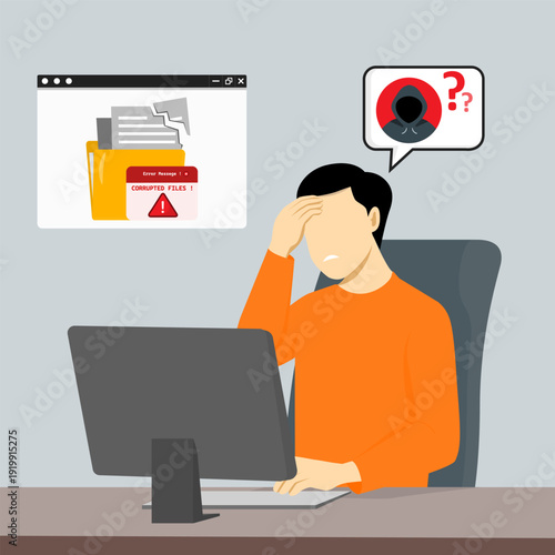 Cyber attack concept with frustrated user facing corrupted files and hacker threat on computer. Representing scam alert, malware risk and phishing attack.