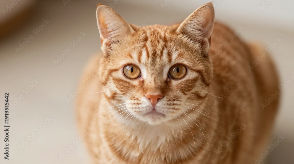 Naklejka premium A curious orange tabby cat looks directly at the camera with bright eyes