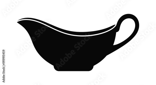 A simple black and white silhouette depicts a classic gravy boat showcasing its curved form and handle