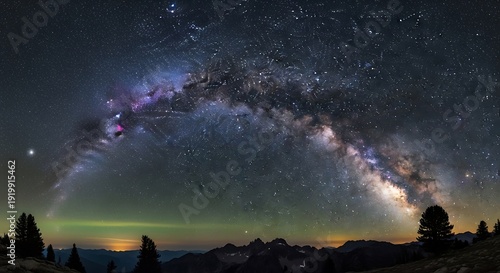 Radiant celestial river arches dramatically over a silhouetted mountain landscape at night