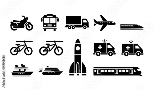 Flat Transportation Silhouette Icon Collection with Bus Plane Train Rocket and Emergency Vehicles