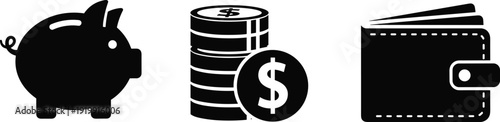 Finance savings vector icon set featuring piggy bank coin stack wallet money payment isolated silhouette design collection