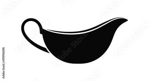 A simple black and white illustration depicts a gravy boat with a handle isolated on a white background high quality
