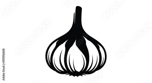 A stark black and white illustration depicts a single bulb of garlic showcasing its distinct shape and cloves high quality