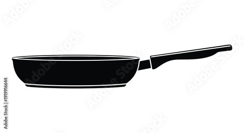 A simple black and white illustration depicts a frying pan with a long handle presented in a minimalist style