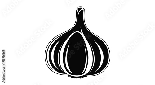A striking black and white illustration depicts a single bulb of garlic showcasing its organic shape high quality
