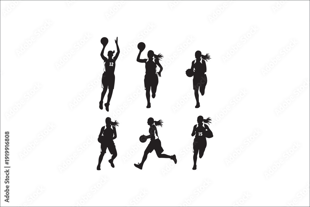 Obraz premium Vector silhouettes of people including a woman in black outline style showing action, dance, sport, family, and business themes on a white background