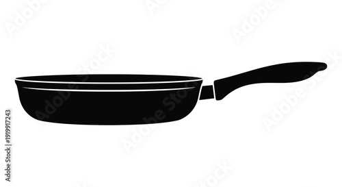 A simple black silhouette depicts a frying pan with a long handle isolated on a white background