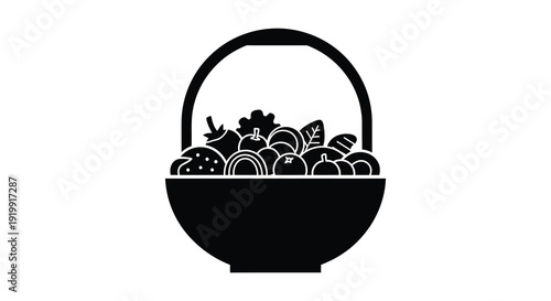 A simple black and white illustration depicts a basket overflowing with various fruits creating a delightful scene