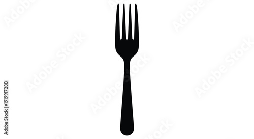 A simple black silhouette of a standard dining fork is displayed against a completely white background high quality