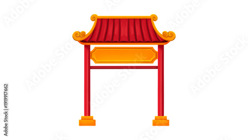 Oriental Chinese Gate with Blank Signage for Spring Festival