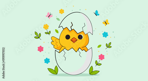 Happy yellow chick hatches from egg surrounded by flowers and butterflies on light green background symbolizing spring and new life