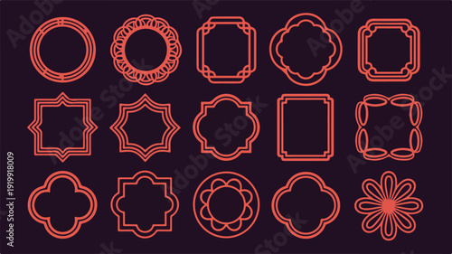 Collection of ornate coral colored frames on a dark background.