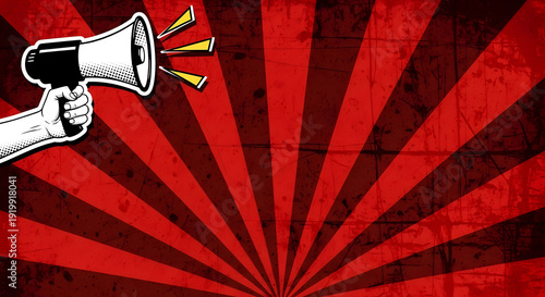 Dynamic retro background featuring a pop art halftone megaphone emitting vibrant lightning bolts over a distressed red radial sunburst pattern, ideal for impactful announcements.