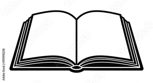 A simple black and white illustration depicts an open book showcasing its pages and binding clearly high quality