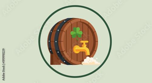 Wooden barrel with a gold tap and shamrock on a light green background symbolizing irish beer or whiskey