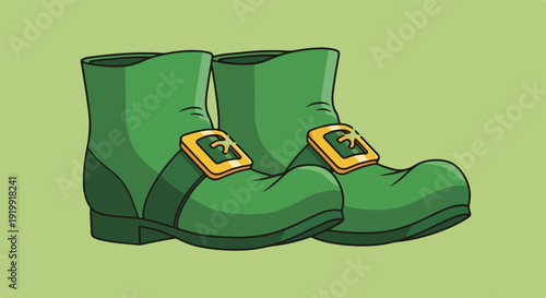 Green boots with gold buckles on light green background isolated footwear illustration