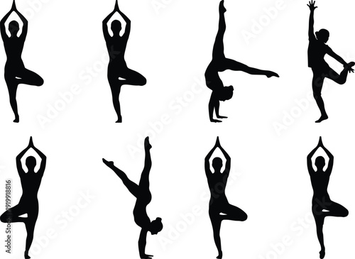 Diverse yoga poses depicted in black and white silhouette style for fitness inspiration