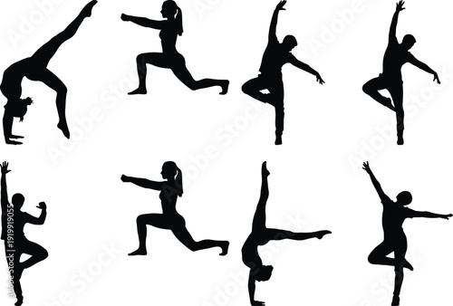Dynamic silhouettes of various athletic and acrobatic poses in motion