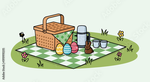 Picnic basket on green blanket with food and drinks on grass with flowers outdoor leisure and relaxation scene with checkered picnic mat