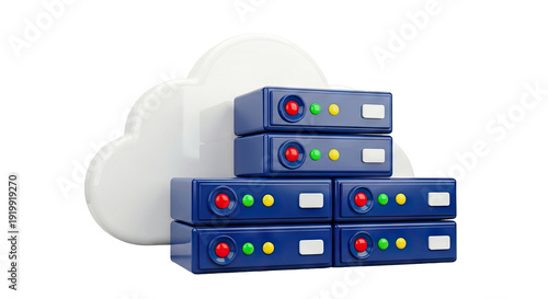 Stack of Blue Servers in Front of a White Cloud Icon