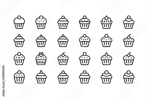 Cupcake and Bakery Dessert Line Icon Set with Sweet Pastry Symbols